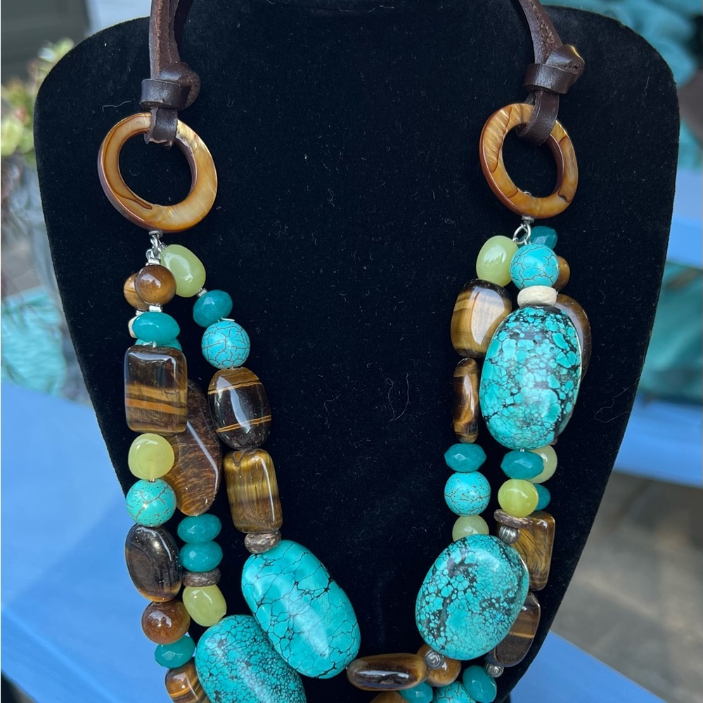 Turquoise and Brown Multi-Stone Necklace. Layered beads
